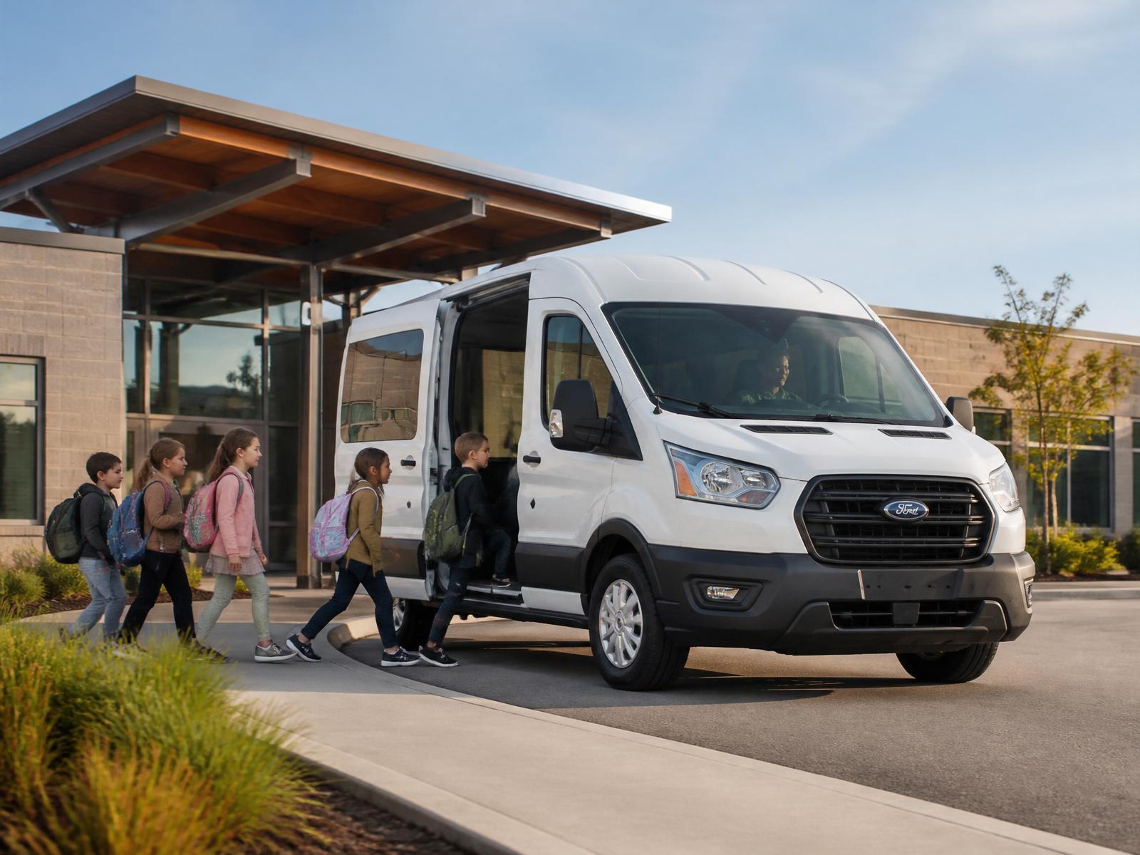 Modern white passenger van picking up elementary students for a safe morning ride to school